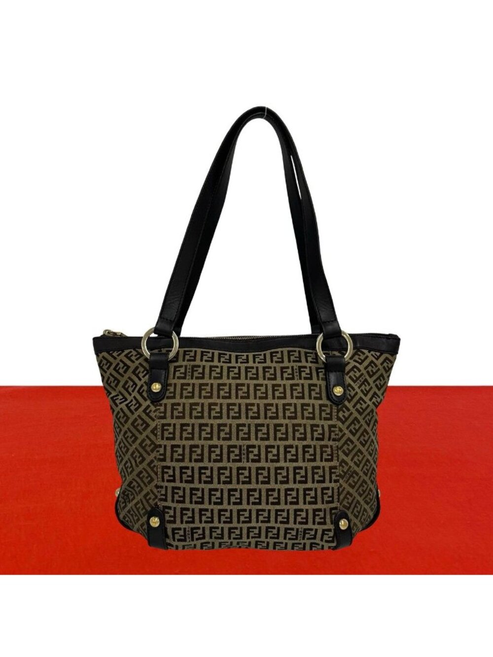 Fendi Zucchino FF Pattern Canvas Leather Tote Bag Beige Brown